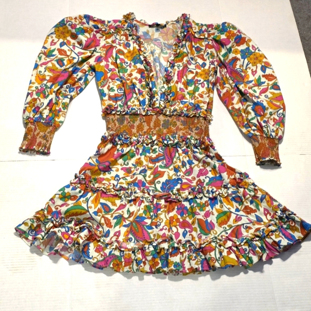 House Of Harlow 1960 Nicole Richie Floral Smocked Tiered Dress Size XSMALL - Picture 1 of 8
